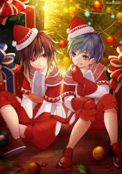 Rule 34 | 2boys, aged down, albel nox, blonde hair, blue eyes, blue hair, box, brown hair, capelet, christmas, christmas lights, christmas tree, closed mouth, fayt leingod, finger to mouth, fujishino shikino, gift, gift box, gloves, grin, hair between eyes, hat, indian style, long sleeves, looking at another, male focus, medium hair, mistletoe, mittens, multicolored hair, multiple boys, on floor, pants, red eyes, red pants, santa hat, scarf, short hair, sitting, smile, star ocean, star ocean till the end of time, twitter username, two-tone hair
