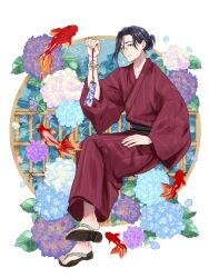 Rule 34 | 1boy, arm up, black hair, black sash, collarbone, fish, flower, full body, geta, goldfish, hand on own thigh, hydrangea, japanese clothes, kimono, male focus, monocle, nijisanji, otowe, red kimono, ripples, sash, shellin burgundy, sideways glance, smile, solo, updo, virtual youtuber, wind chime, yellow-framed eyewear, yellow eyes, yukata