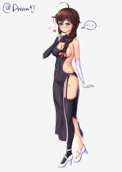 Rule 34 | 1girl, absurdres, adapted costume, ahoge, alternate costume, asymmetrical clothes, asymmetrical footwear, bad anatomy, black dress, black thighhighs, blue eyes, blush, bow, braid, breasts, bridal gauntlets, brown hair, china dress, chinese clothes, chinese commentary, cleavage, cleavage cutout, clothing cutout, commentary request, covered erect nipples, covered navel, crossed legs, dream41, dress, elbow gloves, flower knot, full body, furrowed brow, garter straps, gloves, hair between eyes, hair bow, hair flaps, hair over shoulder, hand up, heart, high heels, highres, kantai collection, lace, lace-trimmed legwear, lace trim, long dress, long hair, looking at viewer, medium breasts, mismatched footwear, parted bangs, pelvic curtain, red bow, shigure (kancolle), shigure kai ni (kancolle), side cutout, sideboob, simple background, single braid, single bridal gauntlet, single elbow glove, single thighhigh, skin tight, solo, speech bubble, spoken blush, tassel, thighhighs, twitter username, wallpaper, watson cross, white background, white footwear, white gloves