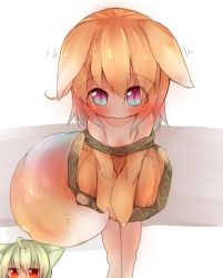 Rule 34 | 1girl, animal ears, bare shoulders, blonde hair, brown dress, commentary request, dress, flat chest, fox ears, fox tail, hands on own thighs, highres, leaning forward, original, pink eyes, short hair, solo, strapless, strapless dress, sunapua, tail