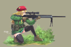 Rule 34 | 1girl, aiming, beret, black thighhighs, blonde hair, boots, brown gloves, dated, gloves, grass, green eyes, grey background, gun, h&amp;k psg1, hat, holding, holding gun, holding weapon, kneeling, long hair, military, nyan (themare), on one knee, original, pleated skirt, pouch, rifle, simple background, skirt, sniper rifle, solo, thighhighs, weapon
