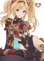 Rule 34 | 1girl, armor, blonde hair, blue eyes, blush, bodysuit, breasts, granblue fantasy, hair intakes, hairband, highres, hip vent, iiros, large breasts, long hair, looking at viewer, red armor, sidelocks, simple background, smile, solo, thighs, twintails, zeta (granblue fantasy)