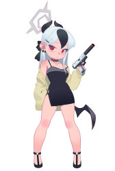 Rule 34 | 1girl, absurdres, bare shoulders, bat wings, black bow, black choker, black dress, black hair, black horns, black wings, blue archive, bow, cardigan, choker, closed mouth, demon horns, dress, ear piercing, finger on trigger, full body, grey halo, gun, hair bow, hair tie, halo, hand up, handgun, highres, holding, holding gun, holding weapon, horns, jewelry, kayoko (blue archive), kayoko (dress) (blue archive), long hair, looking at viewer, monster l (hochihochiha), multicolored hair, off shoulder, official alternate costume, pendant, piercing, red eyes, side slit, simple background, single wing, solo, spaghetti strap, standing, strap slip, streaked hair, studded choker, suppressor, tachi-e, weapon, white background, white hair, wings, yellow cardigan