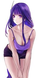 Rule 34 | 1girl, applekun, bare shoulders, braid, breasts, closed mouth, commentary, genshin impact, hair ornament, hands on own thighs, highres, large breasts, leaning forward, long hair, purple eyes, purple hair, purple shorts, purple tank top, raiden shogun, short shorts, shorts, single braid, solo, tank top, thighs, very long hair, white background