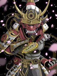 Rule 34 | 1girl, absurdres, ancient of the void wraith, apex legends, armor, black background, gloves, helmet, highres, holding, holding knife, japanese armor, kabuto (helmet), knife, kunai, mask, mika0mika, official alternate costume, oni mask, petals, red gloves, samurai, shoulder armor, sode, solo, weapon, hope&#039;s dusk (apex legends), wraith (apex legends)