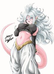Rule 34 | 1girl, android 21, artist name, blue eyes, blush, breasts, colored skin, covered erect nipples, crop top, dragon ball, dragon ball fighterz, earrings, female focus, highres, hoop earrings, jewelry, large breasts, majin android 21, navel, pink skin, pointy ears, signature, tagme, tail, white hair, young jijii