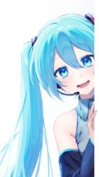 Rule 34 | 1girl, :d, bare shoulders, black sleeves, blue eyes, blue hair, blush, collared shirt, commentary, detached sleeves, dot nose, frilled shirt, frills, grey shirt, hair between eyes, hair ornament, hatsune miku, headset, highres, kitasaya ai, leaning to the side, long hair, long sleeves, looking at viewer, microphone, open mouth, peeking out, shirt, sidelocks, simple background, sleeveless, sleeveless shirt, smile, solo, teeth, twintails, vocaloid, white background