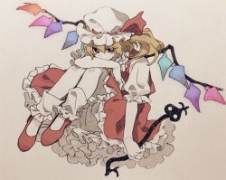 Rule 34 | 1girl, blush, covered mouth, flandre scarlet, frilled skirt, frills, grey background, hat, hat ornament, holding, ka (marukogedago), looking at viewer, mob cap, puffy short sleeves, puffy sleeves, red eyes, red footwear, red skirt, red vest, shirt, shoes, short sleeves, skirt, solo, spread wings, touhou, vest, white hat, white shirt, wings