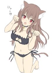 Rule 34 | 1girl, animal ear fluff, animal ears, bare arms, bare legs, bare shoulders, barefoot, bell, black bra, black choker, black panties, blush, bra, brown hair, cat cutout, cat ear panties, cat ears, cat girl, cat lingerie, cat tail, choker, cleavage cutout, clothing cutout, collarbone, commentary request, frilled bra, frills, groin, hair between eyes, hands up, heart, jingle bell, kneeling, long hair, looking at viewer, meme attire, navel, neck bell, open mouth, original, panties, paw pose, red eyes, side-tie panties, solo, tail, toshi (1-147), translated, underwear, very long hair