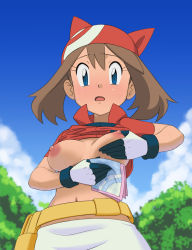 Rule 34 | 1girl, absurdres, aged up, bandana, blue eyes, blush, breast lift, breasts, brown hair, clothes lift, cloud, collared shirt, commentary request, creatures (company), day, eyelashes, fanny pack, from below, game freak, gloves, handkerchief, highres, holding, holding handkerchief, hot, looking at viewer, may (pokemon), medium hair, miraa (chikurin), navel, nintendo, nipples, no bra, open mouth, outdoors, pokemon, pokemon (anime), pokemon rse (anime), popped collar, raised eyebrows, red bandana, red shirt, shirt, shirt lift, short sleeves, skirt, sky, solo, sweat, tongue, underboob, white gloves, white skirt, wiping sweat, yellow bag