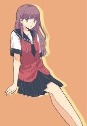 Rule 34 | 1girl, arms at sides, bare arms, black neckerchief, black skirt, brown background, brown eyes, drop shadow, feet out of frame, hair down, highres, invisible chair, long hair, looking at viewer, miniskirt, neckerchief, orange background, pleated skirt, purple hair, school uniform, serafuku, seto taichi, short sleeves, simple background, sitting, skirt, smile, solo, sweater vest, teruya fumika, world trigger
