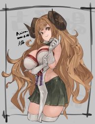 Rule 34 | 1girl, absurdres, anila (granblue fantasy), breasts, draph, gloves, granblue fantasy, highres, horns, large breasts, long hair, n9+, sheep horns, smile, solo, thick eyebrows, thighhighs, very long hair, unfinished, zettai ryouiki