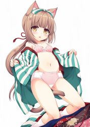 Rule 34 | 1girl, animal ear fluff, animal ears, bad id, bad twitter id, bare shoulders, between legs, blush, bow, bow bra, bow panties, bra, breasts, brown eyes, brown hair, cat ears, cat girl, cat tail, collarbone, commentary request, dutch angle, fingernails, green bow, green kimono, hair bow, highres, idolmaster, idolmaster cinderella girls, inactive account, japanese clothes, kemonomimi mode, kimono, kneeling, long hair, long sleeves, looking at viewer, low ponytail, navel, no shoes, off shoulder, open clothes, open kimono, panties, parted lips, pink bra, pink panties, ponytail, sakuraba hikaru (loveindog), sidelocks, simple background, sleeves past wrists, small breasts, socks, solo, striped bow, striped clothes, striped kimono, tail, tail between legs, underwear, unfinished, vertical-striped clothes, vertical-striped kimono, very long hair, white background, white socks, yorita yoshino