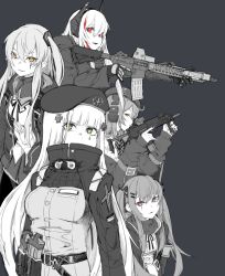 Rule 34 | 5girls, alma01, assault rifle, belt pouch, breasts, c-clamp, commentary request, girls&#039; frontline, gloves, greyscale, gun, h&amp;k mp7, headphones, heckler &amp; koch, highres, hk416 (girls&#039; frontline), holstered, jacket, long hair, m4 carbine, m4 sopmod ii, m4 sopmod ii (girls&#039; frontline), machine pistol, magazine (weapon), monochrome, mp7 (girls&#039; frontline), multiple girls, open mouth, partial commentary, personal defense weapon, pouch, red eyes, rifle, scar, scar across eye, scar on face, simple background, submachine gun, tactical clothes, trigger discipline, ump45 (girls&#039; frontline), ump9 (girls&#039; frontline), weapon