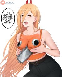 1girl absurdres belt black_pants blonde_hair breasts breasts_squeezed_together brown_belt chainsaw chainsaw_man cleavage cross-shaped_pupils dismaiden english_text googly_eyes grabbing_own_breast highres horns long_hair looking_at_viewer medium_breasts open_mouth orange_tank_top pants patreon_logo patreon_username pochita_(chainsaw_man) power_(chainsaw_man) red_horns sharp_teeth simple_background solo speech_bubble symbol-shaped_pupils tank_top teeth white_background yellow_eyes