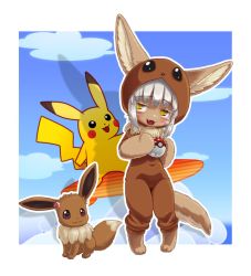 Rule 34 | 1boy, 1girl, 1other, animal ears, blush, bune, bune poster, cloud, cosplay, creatures (company), crossover, eevee, game freak, gen 1 pokemon, made in abyss, nanachi (made in abyss), nintendo, pikachu, poke ball, poke ball (basic), poke kid (pokemon), poke kid (pokemon) (cosplay), pokemon, pokemon swsh, rabbit ears, self-upload, short hair, surfboard, surfing, tail, white hair, yellow eyes