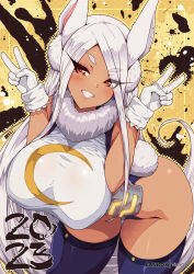 Rule 34 | 1girl, animal ears, bent over, blush, boku no hero academia, breasts, brown eyes, dithering, double v, fur collar, gloves, grin, large breasts, long eyelashes, mirko, purple thighhighs, rabbit ears, rabbit girl, rabbit tail, sleeveless, smile, solo, tail, tan, thighhighs, tight clothes, v, virus-g, white gloves, white hair