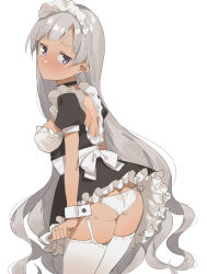 Rule 34 | 1girl, 2l (2lsize), ass, black dress, blush, breasts, closed mouth, dress, embarrassed, frills, full-face blush, garter straps, highres, jitome, long hair, looking at viewer, looking back, maid, original, panties, purple eyes, short sleeves, silver hair, simple background, small breasts, solo, standing, tan, thighhighs, thighs, underwear, very long hair, wavy hair, white background, white panties, wrist cuffs