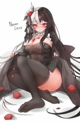 Rule 34 | 1girl, absurdres, black hair, black leotard, black thighhighs, breasts, choker, cleavage, commission, coqua, flower, frilled choker, frills, hair ornament, highres, jewelry, juliet sleeves, large breasts, leotard, less (neverless), long hair, long sleeves, looking at viewer, multicolored hair, necklace, no shoes, original, puffy sleeves, red eyes, red flower, reese (neverless), rose, second-party source, simple background, sitting, smile, solo, split-color hair, thighhighs, thighs, two-tone hair, very long hair, white background, white hair
