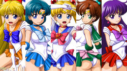 Rule 34 | 5girls, ahoge, aino minako, artist name, ass, back bow, bishoujo senshi sailor moon, blonde hair, blue eyes, blue hair, blue sailor collar, blue skirt, bow, bowtie, breasts, brooch, brown hair, cameltoe, choker, closed mouth, clothes lift, collarbone, commentary, covered erect nipples, crescent, crescent earrings, crescent wand, crossed arms, diadem, double bun, earrings, elbow gloves, eyelashes, gloves, green choker, green sailor collar, green skirt, hair bobbles, hair bow, hair bun, hair ornament, hands on thighs, high ponytail, highres, hino rei, inner senshi, jewelry, kino makoto, large breasts, legs, leotard, leotard peek, long hair, looking at viewer, magical girl, miniskirt, mizuno ami, multiple girls, multiple views, onoe, open mouth, orange sailor collar, orange skirt, pleated skirt, purple eyes, purple hair, red bow, red bowtie, red choker, red sailor collar, red skirt, sailor collar, sailor jupiter, sailor mars, sailor mercury, sailor moon, sailor senshi, sailor senshi uniform, sailor venus, short hair, sitting, skirt, skirt lift, smile, standing, star (symbol), star earrings, thighs, tongue, tsukino usagi, twintails, v, very long hair, wariza, watermark, web address, white background, white leotard