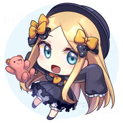 Rule 34 | 1girl, abigail williams (fate), black bow, black dress, black headwear, blonde hair, bloomers, blue eyes, blush, bow, chibi, dress, fate/grand order, fate (series), full body, hair bow, long hair, looking at viewer, multiple hair bows, open mouth, orange bow, parted bangs, polka dot, polka dot bow, ryofuhiko, sleeves past fingers, sleeves past wrists, smile, solo, stuffed animal, stuffed toy, teddy bear, underwear, white bloomers