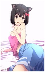 Rule 34 | 1girl, :d, animal ears, black hair, blue skirt, bow, brown eyes, cat ears, commentary request, hair bow, hibike! euphonium, highres, hisaishi kanade, looking at viewer, lying, midriff peek, neckerchief, nii manabu, on side, open mouth, pink camsiole, red bow, school uniform, serafuku, short hair, signature, skirt, smile, solo, strap slip, uniform