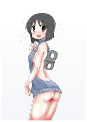 Rule 34 | 1girl, :d, ass, backless outfit, bad id, bad twitter id, bare back, black eyes, black hair, blush, breasts, cowboy shot, flying sweatdrops, gradient background, looking at viewer, meme attire, mizushima (p201112), naked sweater, nichijou, open mouth, shinonome nano, short hair, sideboob, smile, solo, sweater, turtleneck, turtleneck sweater, virgin killer sweater, winding key