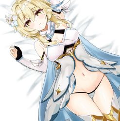Rule 34 | 1girl, absurdres, arm up, armpits, bed sheet, blonde hair, blush, breasts, cameltoe, cleavage, dress, elbow gloves, flower, genshin impact, gloves, hair flower, hair ornament, half-closed eyes, highres, lancer (worudrleh1), looking at viewer, lumine (genshin impact), lying, medium breasts, navel, on back, open clothes, open dress, panties, scarf, solo, stomach, string panties, underwear, white dress, yellow eyes