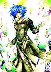 Rule 34 | 1boy, absurdres, black coat (kingdom hearts), blue eyes, blue hair, cloak, gloves, gradient background, hair over one eye, highres, kingdom hearts, kurotennsi, male focus, matching hair/eyes, paper, solo, white background, zexion