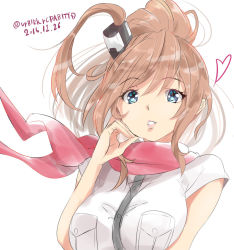 Rule 34 | 10s, 1girl, ascot, blue eyes, breast pocket, breasts, brown hair, dress, hair between eyes, highres, kantai collection, large breasts, long hair, looking at viewer, parted lips, pocket, ponytail, red ascot, saratoga (kancolle), side ponytail, sidelocks, solo, tororo ten, twitter username, upper body, white background, white dress