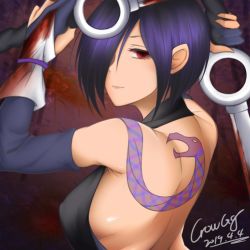 Rule 34 | 1girl, back, back-to-back, bare shoulders, black gloves, black hair, blood, blood on clothes, bloody weapon, breasts, commentary request, crow gg, dated, dual wielding, elbow gloves, gloves, hair over one eye, halterneck, highres, holding, large breasts, looking at viewer, looking back, no bra, partially fingerless gloves, purple hair, red eyes, samurai spirits, shiki (samurai spirits), short hair, sideboob, signature, snake tattoo, solo, tattoo, weapon