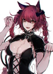 Rule 34 | 1girl, :d, absurdres, ahoge, alternate costume, animal ears, bad id, bad pixiv id, black bow, bow, braid, breasts, cat ears, cat tail, chromatic aberration, clothing cutout, commentary request, cross-laced clothes, cross-laced cutout, fang, hair bow, hands up, highres, kaenbyou rin, large breasts, long hair, migata, multiple tails, nekomata, open mouth, paw pose, red eyes, red hair, short sleeves, shrug (clothing), simple background, sketch, smile, solo, tail, touhou, twin braids, twintails, two tails, upper body, white background