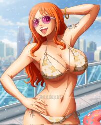 Rule 34 | 1girl, aircraft, alternate breast size, arm behind head, bikini, blonde hair, bracelet, brand name imitation, breasts, commentary, contrapposto, cosplay, cowboy shot, curvy, earrings, english commentary, grand theft auto, grand theft auto vi, hand on own hip, helicopter, highres, instagram logo, jewelry, large breasts, looking to the side, louis vuitton (brand), lucia (grand theft auto), lucia (grand theft auto) (cosplay), mole, mole above mouth, mole under mouth, multicolored hair, multiple moles, nami (one piece), navel, o-ring, o-ring bikini, o-ring top, one piece, orange hair, parted bangs, partially submerged, patreon logo, patreon username, purple-tinted eyewear, rakara11 (rakkarts), sideways glance, solo, straddling, sunglasses, swimsuit, thick thighs, thighs, tinted eyewear, underboob, watermark, web address, white bikini, wide hips