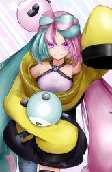 Rule 34 | 1girl, absurdres, bow-shaped hair, character hair ornament, creatures (company), game freak, grey pantyhose, hair ornament, hexagon print, highres, houjirou, iono (pokemon), jacket, long hair, low-tied long hair, multicolored hair, nintendo, oversized clothes, pantyhose, pokemon, pokemon sv, sharp teeth, single leg pantyhose, sleeves past fingers, sleeves past wrists, solo, split-color hair, star (symbol), star in eye, symbol in eye, teeth, very long sleeves, x, yellow jacket