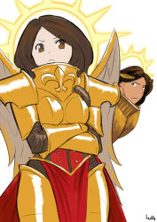 Rule 34 | 1boy, 1girl, armor, boobplate, breastplate, can&#039;t be this cute, commentary, emperor of mankind, frown, halo, high collar, living saint, lutherniel, ornate armor, parody, pauldrons, pelvic curtain, shoulder armor, simple background, standing, tsundere, v-shaped eyebrows, warhammer 40k, white background
