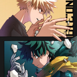Rule 34 | 2boys, adjusting clothes, adjusting gloves, angry, aqua eyes, aqua mask, atmospheric perspective, bags under eyes, bakugou katsuki, black shirt, blonde hair, blue background, blurry, boku no hero academia, bright pupils, cape, closed mouth, color coordination, contrast, depth of field, film grain, freckles, from side, frown, furrowed brow, gloves, gradient background, green background, green hair, hands up, head down, highres, looking ahead, male focus, midoriya izuku, multiple boys, official alternate costume, open mouth, outside border, own hands together, paper, polka dot, polka dot background, portrait, profile, red eyes, sanpaku, shiina (chippy0310), shirt, short hair, sideways mouth, spiked hair, spoilers, t-shirt, tearing paper, teeth, text background, text focus, torn, torn cape, torn clothes, torn mask, torn paper, upper teeth only, white gloves, white pupils, yellow background, yellow cape