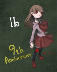 Rule 34 | 1girl, anniversary, artist name, ascot, black thighhighs, brown hair, closed mouth, collared shirt, copyright name, flower, green background, holding, holding flower, ib (ib), ib (kouri), monomu kouri, official art, pleated skirt, red ascot, red eyes, red flower, red footwear, red rose, red skirt, rose, shirt, signature, skirt, solo, thighhighs, white shirt