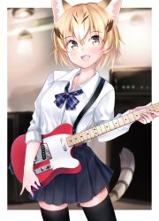 Rule 34 | 1girl, alternate costume, animal ear fluff, animal ears, black hair, blonde hair, blue bow, blue bowtie, blue skirt, blush, bow, bowtie, brown hair, cat ears, cat girl, cat tail, collared shirt, commentary request, electric guitar, extra ears, fang, fender telecaster, guitar, highres, instrument, kemono friends, kinou no shika, long sleeves, multicolored hair, open mouth, plaid, plaid bow, plaid bowtie, plaid neckwear, pleated skirt, plectrum, sand cat (kemono friends), school uniform, shirt, short hair, skirt, sleeves rolled up, solo, tail, thighhighs, white shirt, yellow eyes, zettai ryouiki