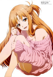 Rule 34 | 10s, 1girl, :d, absurdres, asuna (sao), bare shoulders, barefoot, blush, braid, breasts, cleavage, dress, folded, french braid, from side, twirling hair, half updo, head tilt, highres, hugging own legs, knees to chest, knees together feet apart, knees up, long hair, long legs, long sleeves, megami magazine, naked sweater, no bra, non-web source, off shoulder, official art, open mouth, parted bangs, ribbed sweater, scan, simple background, sitting, sleeves past wrists, smile, solo, suzuki kanta, sweater, sweater dress, sword art online, sword art online ii, very long hair, white background