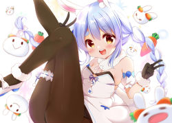 Rule 34 | 1girl, :d, animal ear fluff, animal ears, bare shoulders, black gloves, black leotard, black pantyhose, blue hair, blush, braid, breasts, bridal garter, carrot hair ornament, coat, coat dress, cutout above navel, detached sleeves, dress, food-themed hair ornament, fur-trimmed coat, fur-trimmed gloves, fur scarf, fur trim, gloves, hair ornament, hololive, kiyo (yamazoe1122), legs up, leotard, leotard under clothes, long hair, looking at viewer, mary janes, multicolored hair, open mouth, orange eyes, pantyhose, pekomon (usada pekora), puffy short sleeves, puffy sleeves, rabbit-shaped pupils, rabbit ears, rabbit girl, scarf, shoes, short sleeves, small breasts, smile, solo, strapless, strapless coat, strapless dress, strapless leotard, symbol-shaped pupils, teeth, thick eyebrows, twin braids, twintails, two-tone hair, upper teeth only, usada pekora, usada pekora (1st costume), v, virtual youtuber, white coat, white footwear, white hair, white scarf, white sleeves