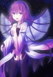 Rule 34 | 1girl, bare shoulders, black thighhighs, breasts, center opening, cosplay, detached sleeves, female focus, fingerless gloves, gloves, guilty crown, hair ornament, hairclip, hand on own chest, highres, looking at viewer, mystia lorelei, open mouth, pink hair, short hair, small breasts, solo, thighhighs, touhou, wings, yuzuriha inori, yuzuriha inori (cosplay), zinczinc ka