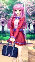 Rule 34 | 1girl, :d, bag, blurry, blurry background, blush, braid, cherry blossoms, collared shirt, day, doukyuusei, doukyuusei another world, dress shirt, french braid, game cg, hair ribbon, holding, holding bag, jacket, long hair, long sleeves, looking at viewer, miniskirt, official art, open clothes, open jacket, open mouth, outdoors, pink hair, pleated skirt, purple neckwear, red eyes, red jacket, red skirt, ribbon, sakuragi mai, school bag, shirt, skirt, smile, solo, standing, very long hair, white shirt, wing collar, yellow ribbon
