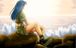 Rule 34 | 1girl, beach, blue hair, leona heidern, long hair, rock, short shorts, shorts, sitting, sleeves rolled up, snk, solo, the king of fighters