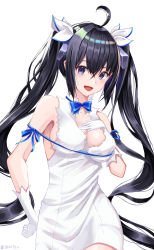 Rule 34 | 1girl, :d, absurdres, ahoge, bad id, bad pixiv id, black hair, blue bow, blue bowtie, blue ribbon, bow, bowtie, breasts, cleavage, collarbone, cup6542, dungeon ni deai wo motomeru no wa machigatteiru darou ka, gloves, hair ribbon, hand on own hip, hestia (danmachi), highres, long hair, medium breasts, open mouth, purple eyes, rei no himo, ribbon, simple background, smile, solo, twintails, twitter username, white background, white gloves, white ribbon
