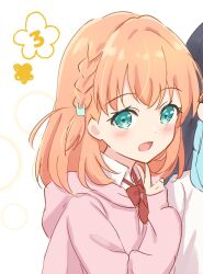 Rule 34 | 2girls, :d, aqua eyes, black hair, blue ribbon, blush, bow, bowtie, braid, commentary, crossed bangs, flower (symbol), hair ornament, hair ribbon, highres, hinoshita kaho, hood, hoodie, link! like! love live!, long sleeves, looking at viewer, loose bowtie, love live!, medium hair, multiple girls, murano sayaka, open mouth, orange hair, pink hoodie, rabbit hair ornament, red bow, red bowtie, ribbon, side braid, simple background, sleeves past wrists, smile, solo focus, symbol-only commentary, two side up, upper body, v, white background, yutuki ame