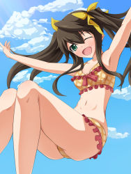 Rule 34 | 10s, 1girl, ;d, armpits, bare legs, bare shoulders, bikini, blush, body blush, breasts, brown hair, cleavage, cloud, collarbone, day, fang, female focus, floating, frilled bikini, frills, green eyes, hair between eyes, hair ribbon, head tilt, highres, huang lingyin, infinite stratos, knees together feet apart, legs, long hair, looking at viewer, mei ichi, navel, one eye closed, open mouth, outdoors, outstretched arms, ribbon, sky, smile, solo, spread arms, swimsuit, thighs, twintails, wink