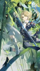 Rule 34 | 1boy, absurdres, androgynous, armor, bamboo, bamboo forest, barn swallow, bird, blonde hair, bracelet, chinese clothes, fence, forest, guaisanmu, highres, holding, holding sword, holding weapon, honkai: star rail, honkai (series), japanese armor, jewelry, jian (weapon), kote, kurokote, long hair, looking at viewer, low ponytail, nature, pants, short sleeves, sword, trap, weapon, white footwear, white pants, yanqing (honkai: star rail), yellow eyes