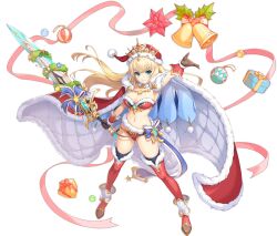 1girl arm_up armpits arthur_(legend_clover) artist_request bell blonde_hair blue_bow blue_eyes bow breasts candy candy_cane christmas_ornaments cleavage crown food full_body game_cg garland_(decoration) gift hat highres holding holding_sword holding_weapon legend_clover light_smile long_hair navel official_alternate_costume official_art revealing_clothes santa_costume santa_hat star_(symbol) sword third-party_source transparent_background weapon