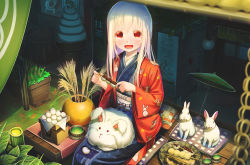 Rule 34 | 1girl, :d, aiuabo, albino, alcohol, animal, animal on lap, animal print, blue kimono, commentary request, dango, food, highres, holding, holding food, ice cream cone, jacket, japanese clothes, kimono, long hair, long sleeves, looking at viewer, obi, oil-paper umbrella, on lap, open mouth, original, planter, rabbit, rabbit print, red eyes, red jacket, sake, sash, sitting, smile, solo, susuki grass, tree stump, tsukimi, tsukimi dango, umbrella, vase, wagashi, white hair, wide sleeves