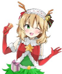 Rule 34 | 1girl, ;d, alternate costume, arms up, bad id, bad pixiv id, bare shoulders, bell, blonde hair, blush, box, breasts, christmas tree costume, commentary, commentary request, elbow gloves, fake antlers, fur-trimmed gloves, fur-trimmed vest, fur collar, fur trim, gift, gift box, gloves, green eyes, hair bell, hair between eyes, hair ornament, hair ribbon, hairband, head tilt, holding, idolmaster, idolmaster cinderella girls, kaedekko (chariesk), leaning, lolita hairband, looking at viewer, medium hair, one eye closed, open hand, open mouth, party popper, red gloves, red vest, ribbon, sakurai momoka, simple background, small breasts, smile, solo, star (symbol), striped ribbon, symbol-only commentary, upper body, vest, white background